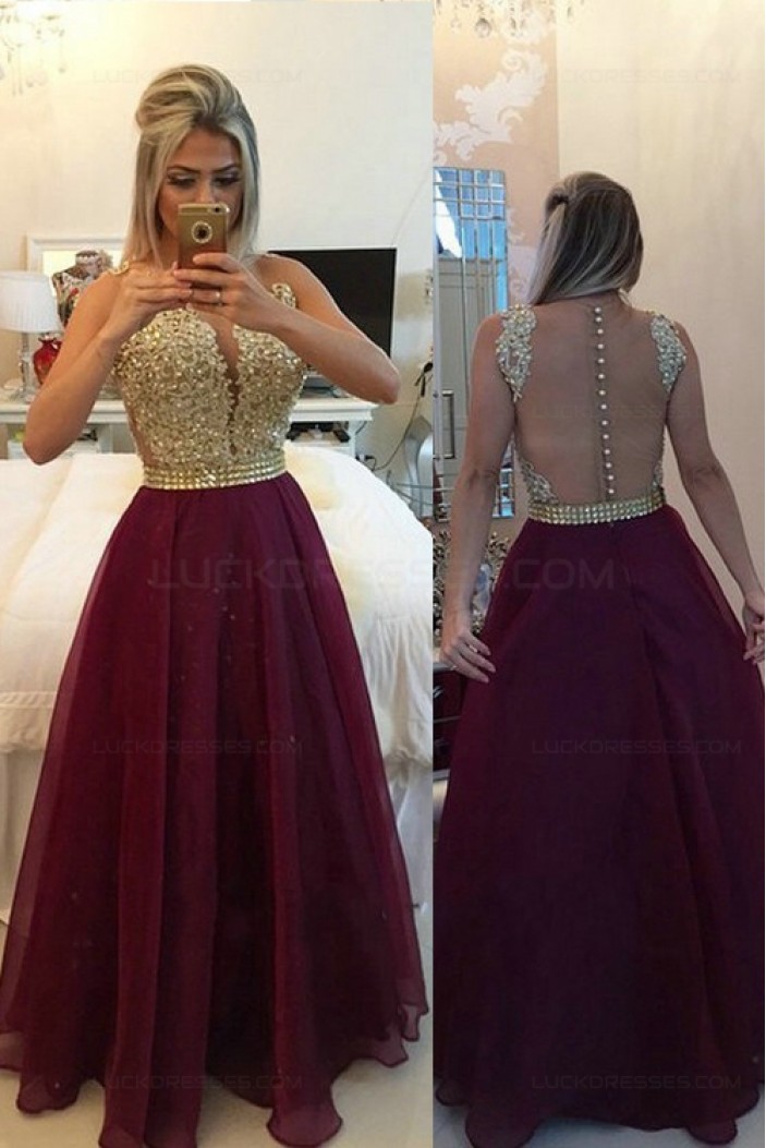 Gold Purple Beaded Appliques Top See Through Back Long Prom Evening Formal Dresses 3020158