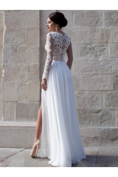 Long See Through Sleeves Lace Top Chiffon White Prom Evening Formal Dresses 3020159