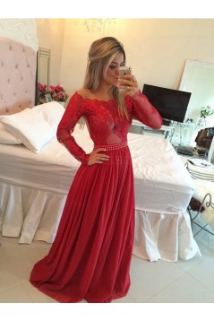 Long Sleeves Lace Appliques Top Off-the-Shoulder Red Prom Evening Formal Dresses 3020162