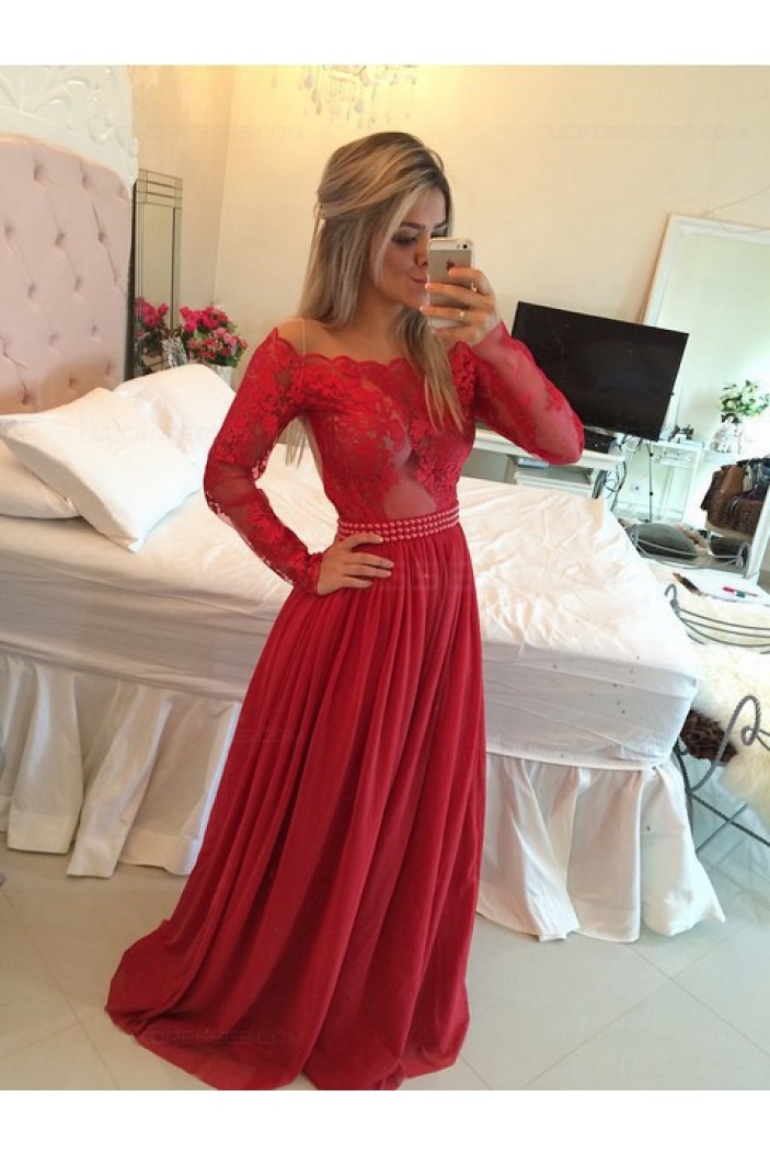 Long Sleeves Lace Appliques Top Off-the-Shoulder Red Prom Evening Formal Dresses 3020162