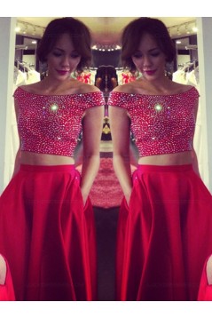 Two Pieces Off-the-Shoulder Red Beaded Long Prom Evening Formal Dresses 3020175