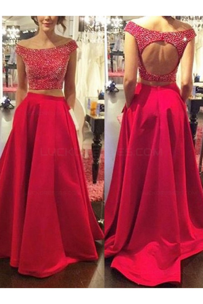 Two Pieces Off-the-Shoulder Red Beaded Long Prom Evening Formal Dresses 3020175