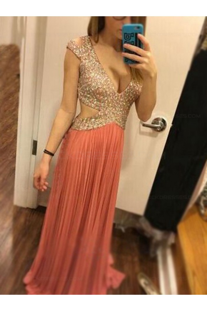 Sexy Low V-Neck Sequins Long Prom Evening Formal Dresses 3020176