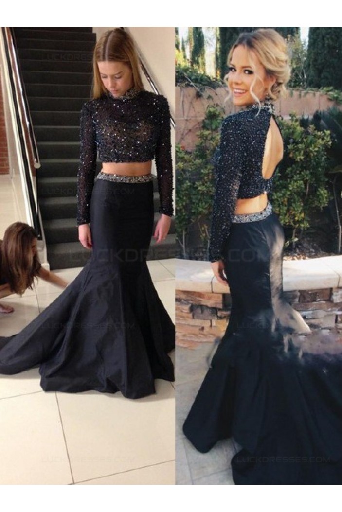 Two Pieces High Neck Long Sleeves Beaded Black Prom Evening Formal Dresses 3020177