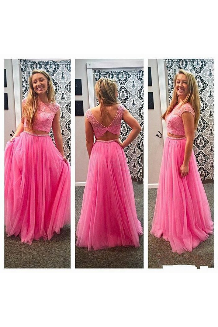 Two Pieces Lace Top Long Pink Prom Evening Formal Dresses 3020185