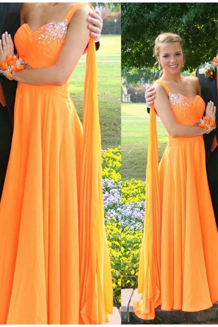 A-Line Beaded One-Shoulder Long Chiffon Prom Evening Formal Dresses 3020186