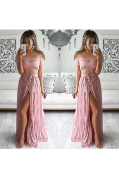Two Piece Prom Dresses Lace Top Off-the-Shoulder Short Sleeves Thigh-High Slit Sexy Evening Gowns 3020192