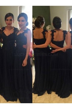 Navy Blue Lace Appliques Chiffon Long Bridesmaid Dresses Prom Evening Gowns 3020198