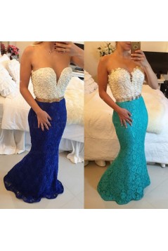 Blue White Lace Long Mermaid Prom Dresses Evening Gowns 3020202