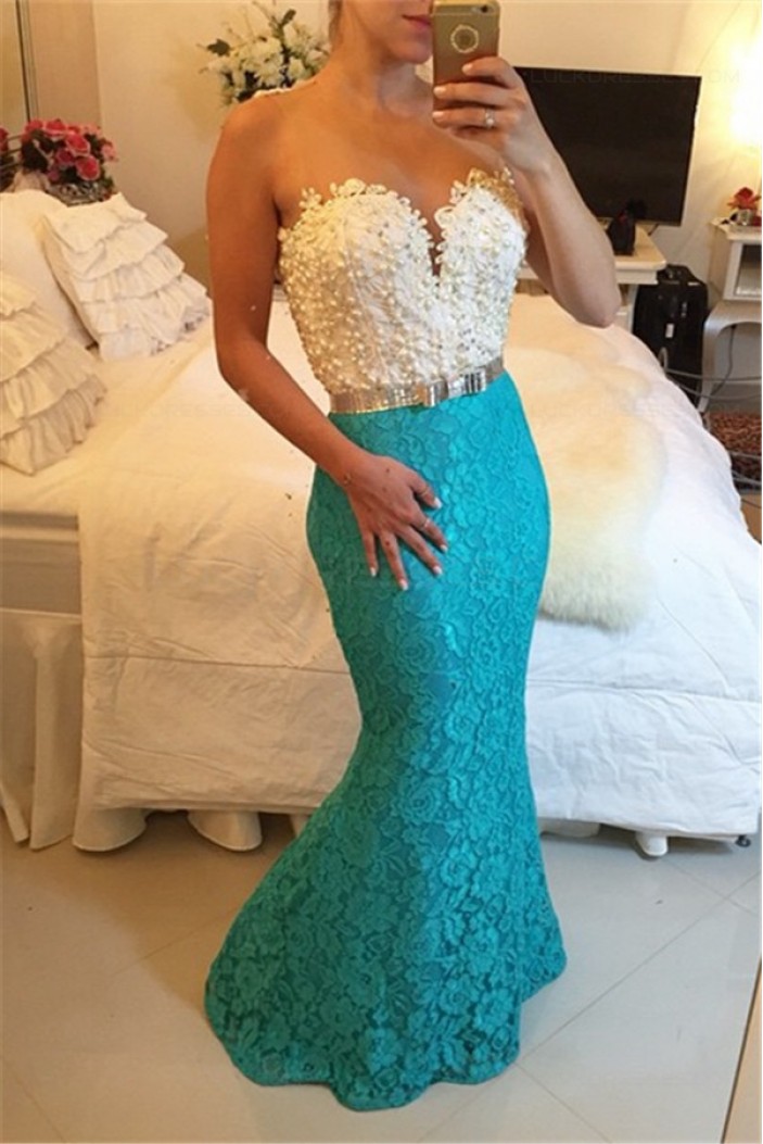 Blue White Lace Long Mermaid Prom Dresses Evening Gowns 3020202