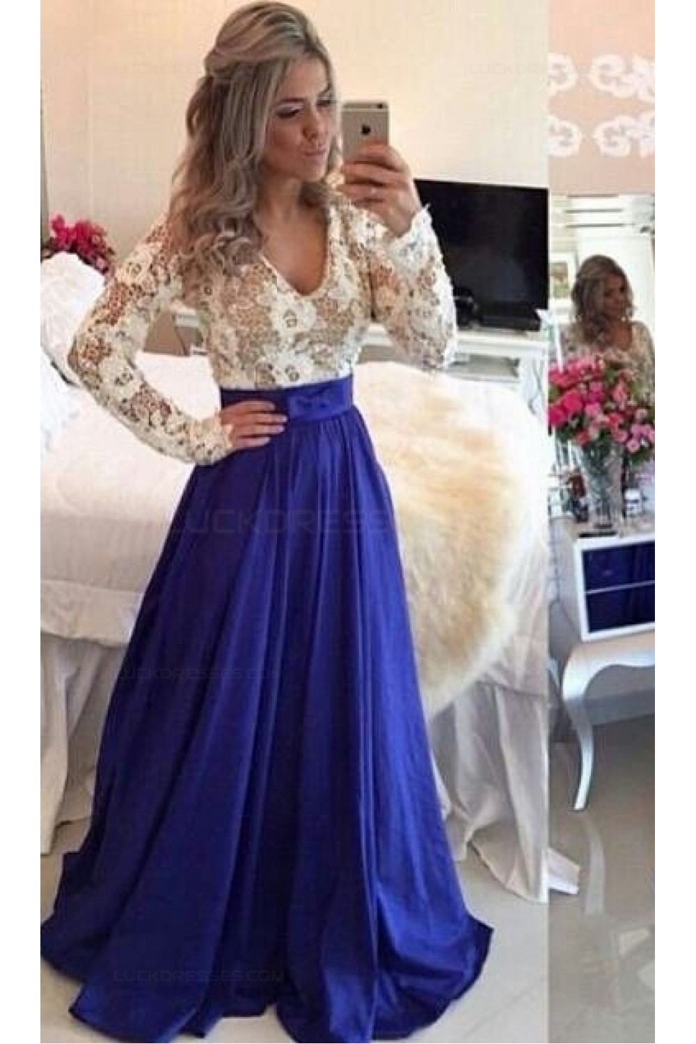 blue and white evening gown
