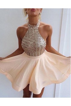 Halter Sequins Short Backless Homecoming Cocktail Prom Dresses Evening Gowns 3020204