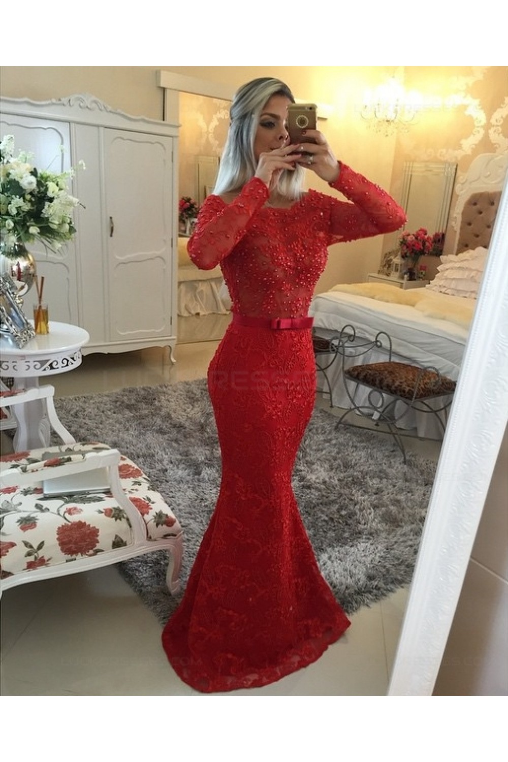 Long Sleeve Mermaid Prom Dresses Long Red Lace Gorgeous Formal Gowns SED016  – SELINADRESS