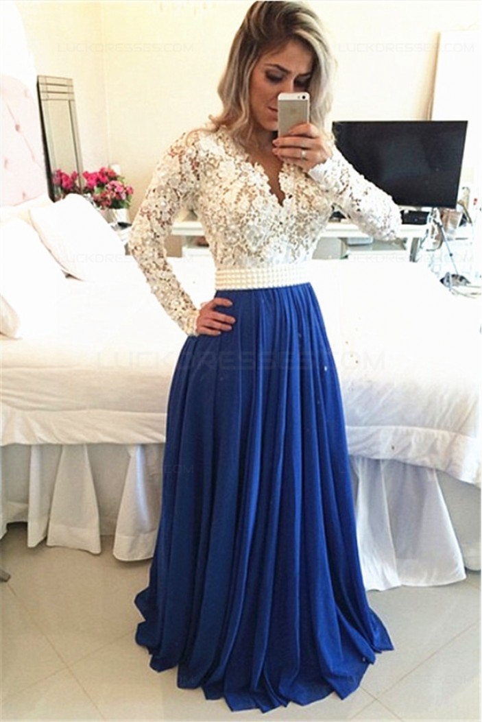 Royal Blue White Lace Chiffon Long Sleeves Prom Dresses Evening Gowns 3020208