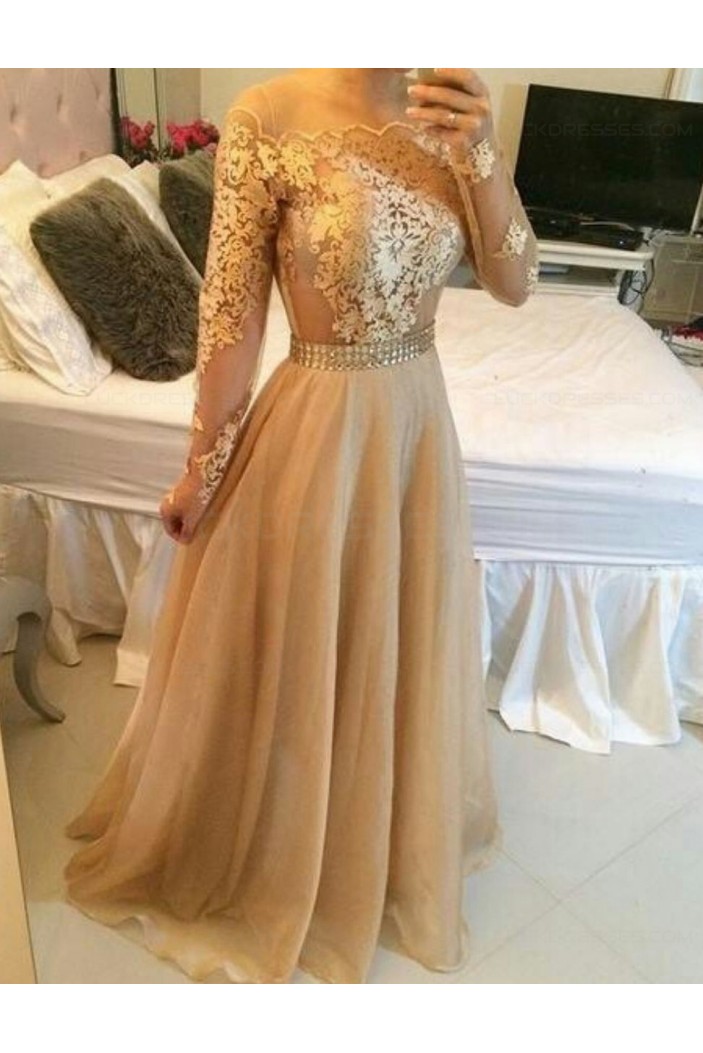 Long Sleeves Off-the-Shoulder Lace Chiffon Prom Dresses Evening Gowns 3020209