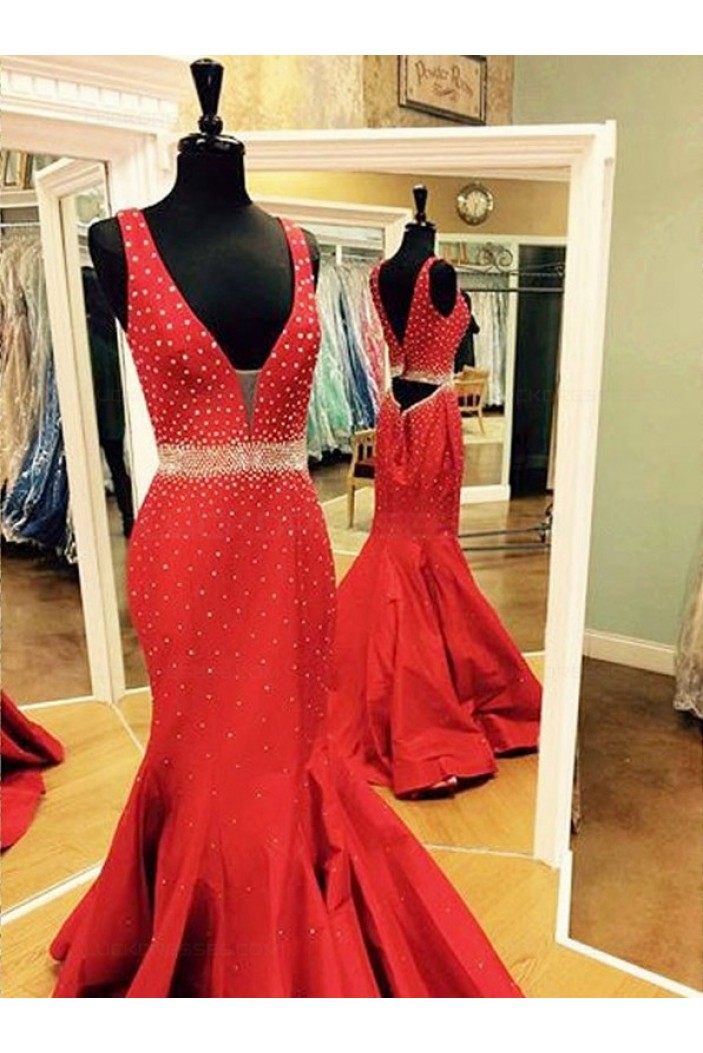 Long Red Beaded Trumpet/Mermaid Prom Dresses Evening Gowns 3020220