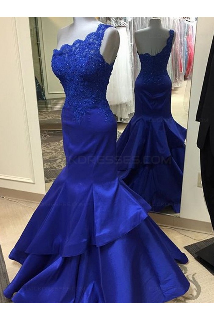 Trumpet/Mermaid Royal Blue One-Shoulder Lace Appliques Top Long Prom Dresses Evening Gowns 3020222