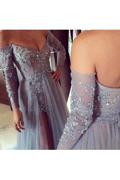 Grey Lace Long Sleeves Off-the-Shoulder Split Long Prom Dresses Evening Gowns 3020235