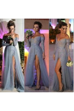 Grey Lace Long Sleeves Off-the-Shoulder Split Long Prom Dresses Evening Gowns 3020235