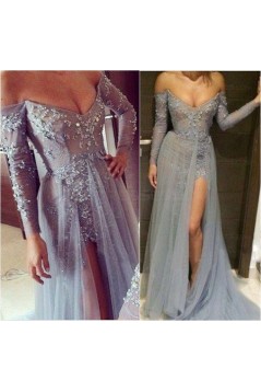 Grey Lace Long Sleeves Off-the-Shoulder Split Long Prom Dresses Evening Gowns 3020235