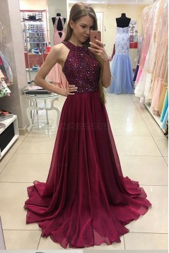 A-Line Burgundy Beaded Chiffon Prom Dresses Party Evening Gowns 3020244