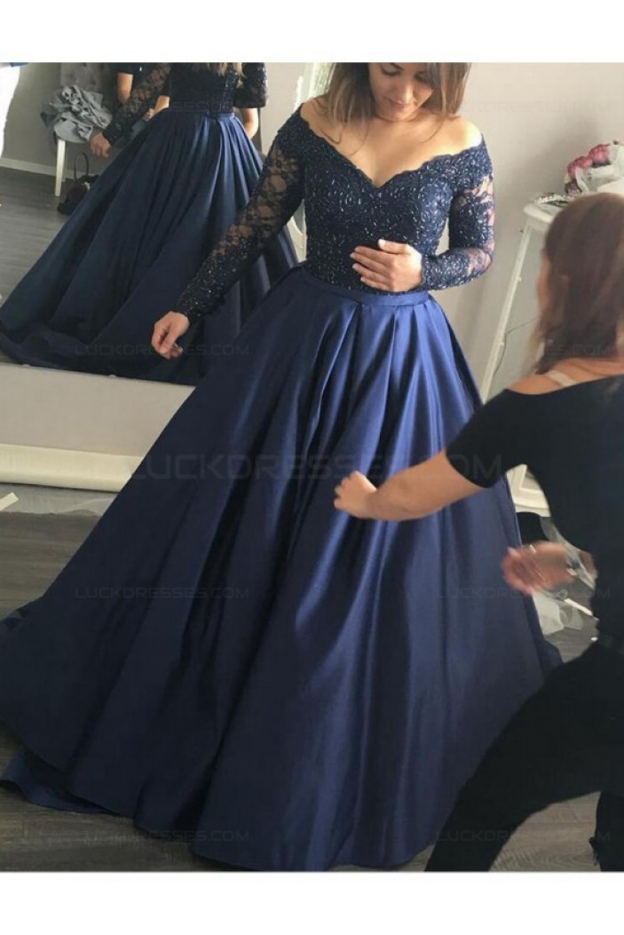 Long Sleeve Navy Off-the-Shoulder Lace Prom Dresses Party Evening Gowns 3020263