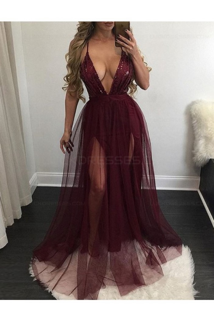 Sexy V-Neck Sequins and Tulle Long Prom Dresses Party Evening Gowns 3020272