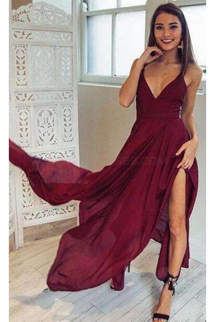 Sexy V-Neck Burgundy Chiffon Long Prom Dresses Party Evening Gowns 3020273