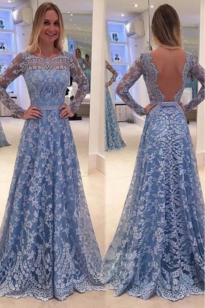 A-Line Long Sleeves Lace Prom Dresses Party Evening Gowns 3020278