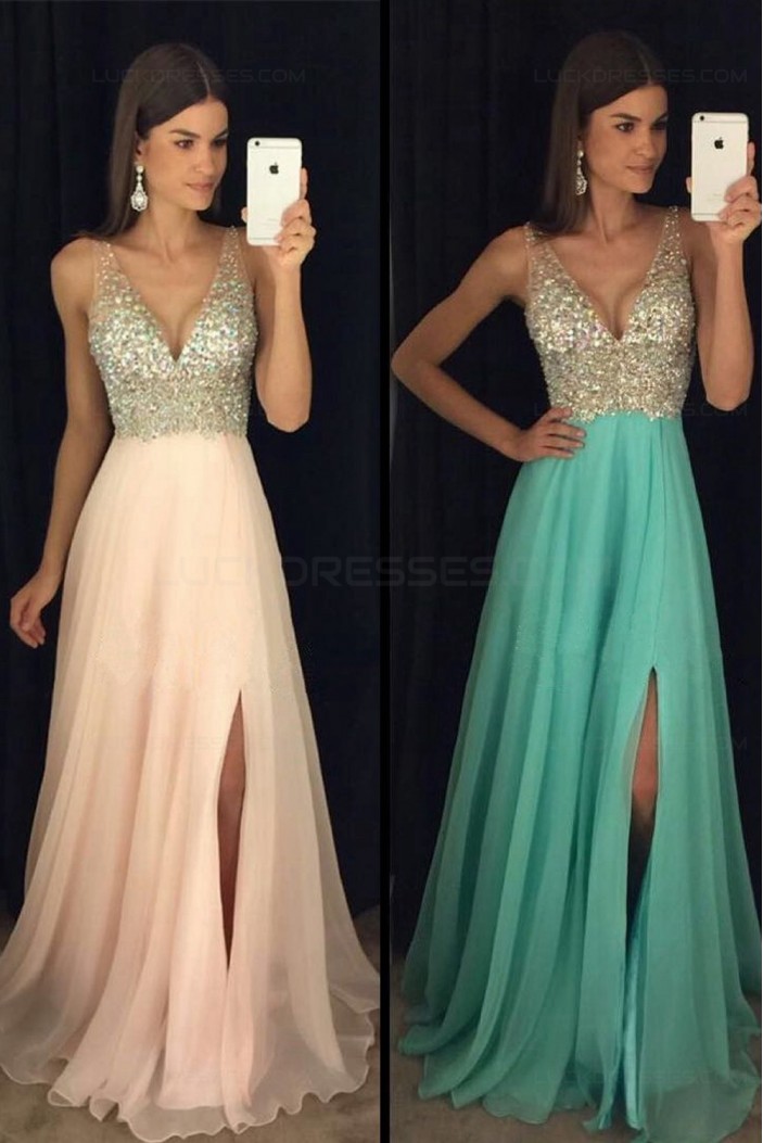 A-Line Beaded Sequins V-Neck Long Chiffon Prom Dresses Party Evening Gowns 3020280