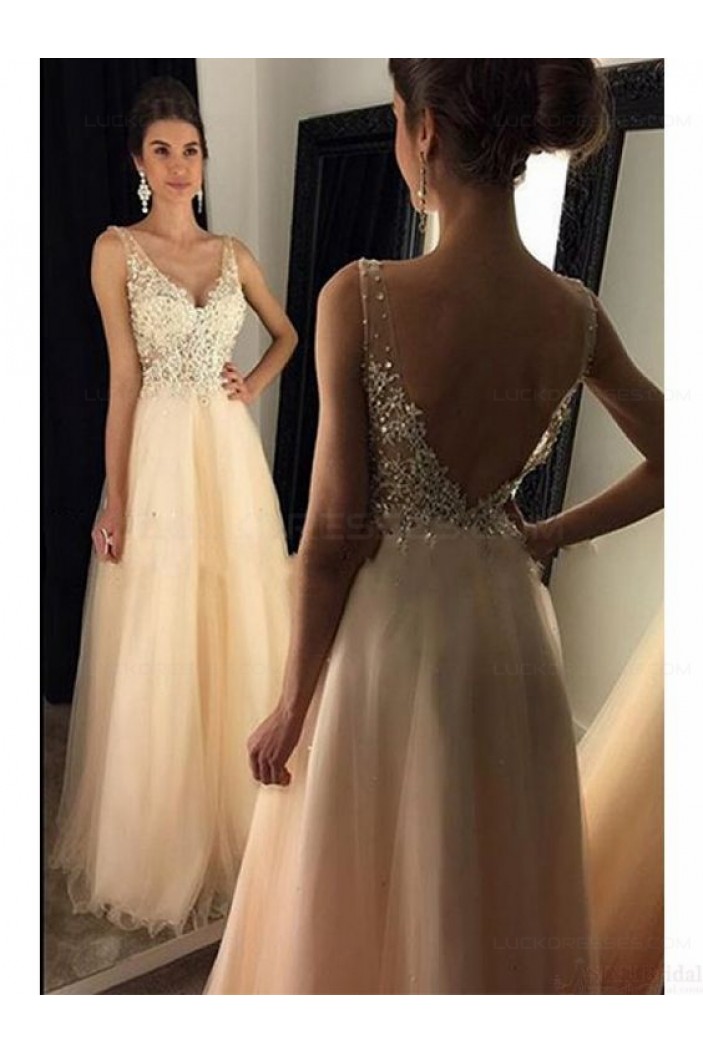 A-Line V-Neck Lace Tulle Long Prom Dresses Party Evening Gowns 3020281