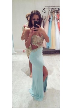 Long Blue Lace Chiffon Prom Dresses Party Evening Gowns 3020282