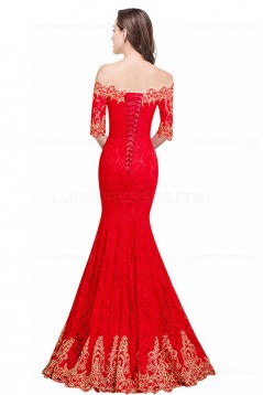 Mermaid Off-the-Shoulder Long Red Lace Prom Dresses Party Evening Gowns 3020283