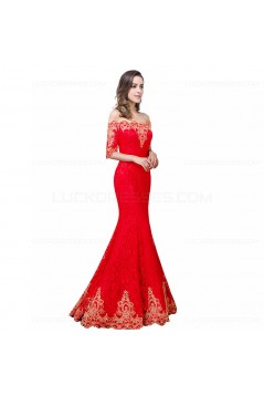 Mermaid Off-the-Shoulder Long Red Lace Prom Dresses Party Evening Gowns 3020283