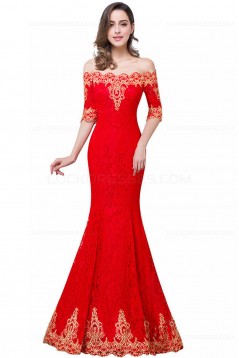 Mermaid Off-the-Shoulder Long Red Lace Prom Dresses Party Evening Gowns 3020283