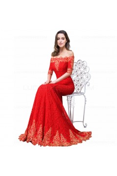 Mermaid Off-the-Shoulder Long Red Lace Prom Dresses Party Evening Gowns 3020283