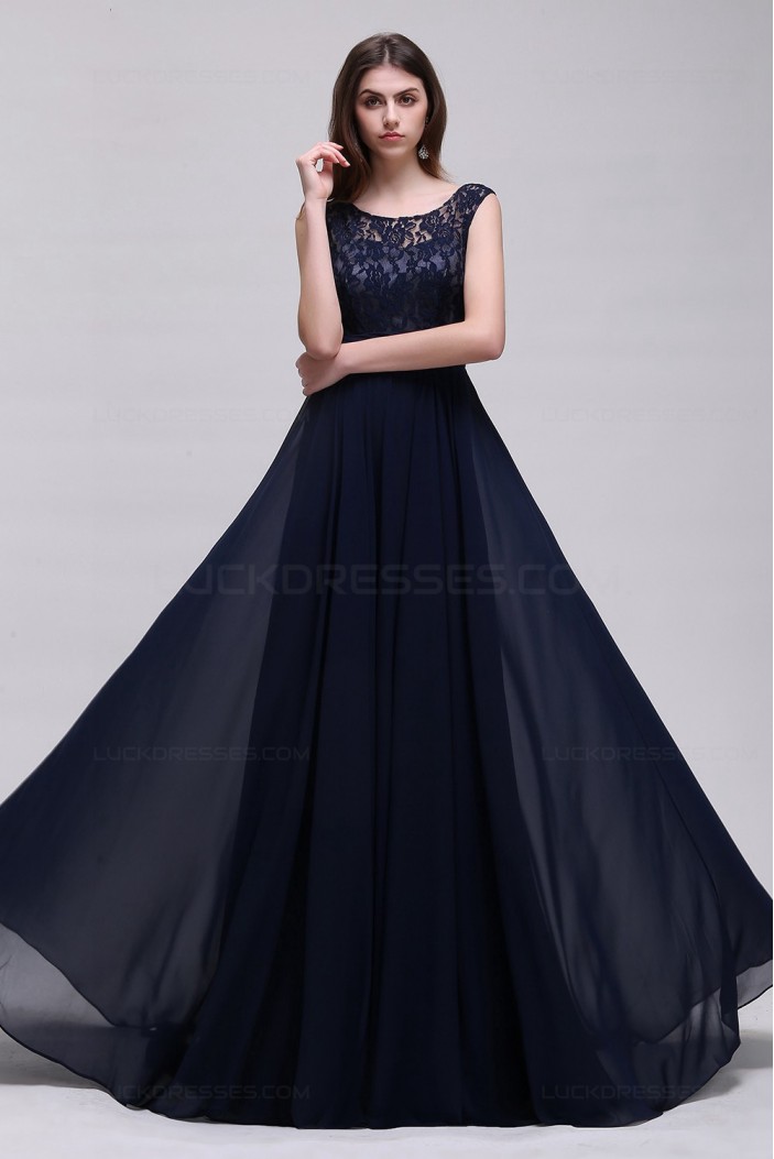 A-Line Lace Chiffon Long Navy Prom Dresses Party Evening Gowns 3020288