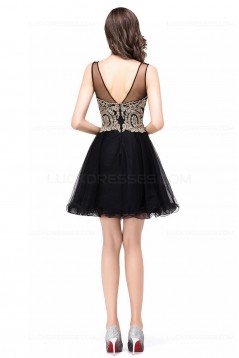 A-Line Illusion Neckline Gold Lace Appliques Short Prom Dresses Party Evening Gowns 3020290