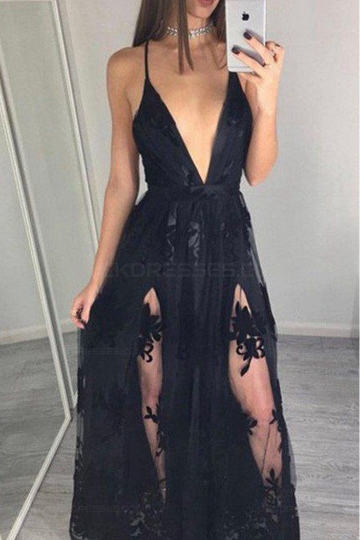 Sexy V-Neck Long Black Lace Prom Dresses Party Evening Gowns 3020298