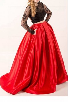 Two Pieces Long Sleeves Black Lace Red Prom Dresses Party Evening Gowns 3020299