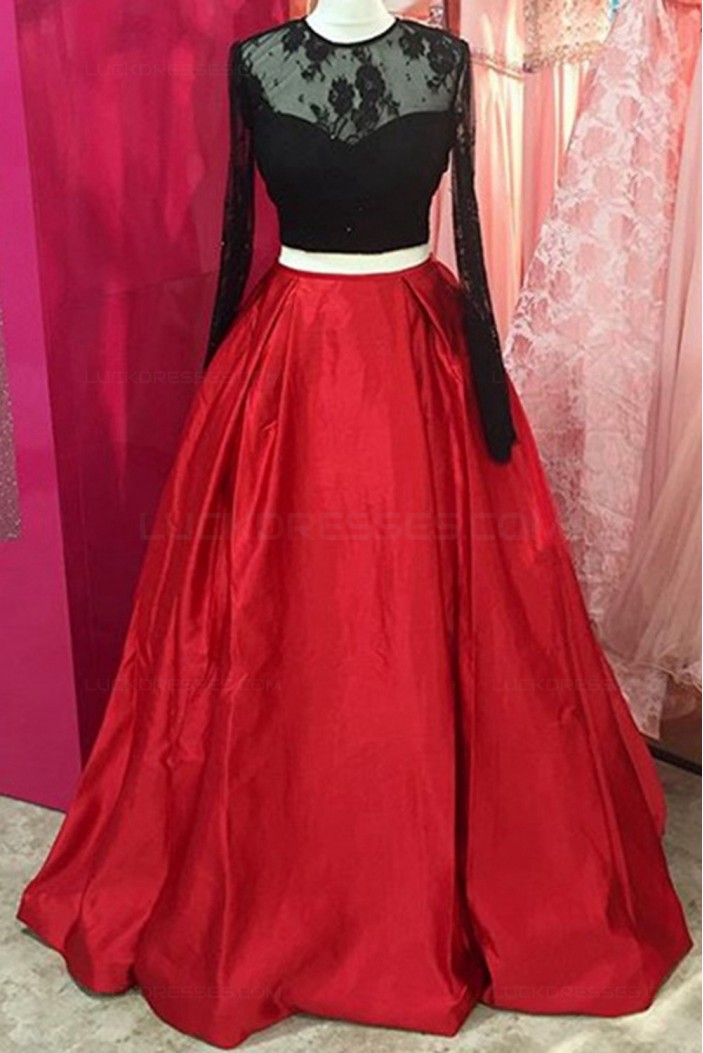 Two Pieces Long Sleeves Black Lace Red Prom Dresses Party Evening Gowns 3020299