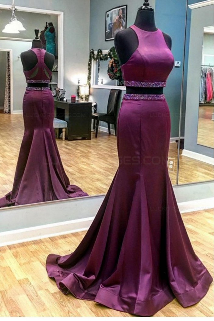 Mermaid Two Pieces Beaded Long Purple Prom Dresses Party Evening Gowns 3020301