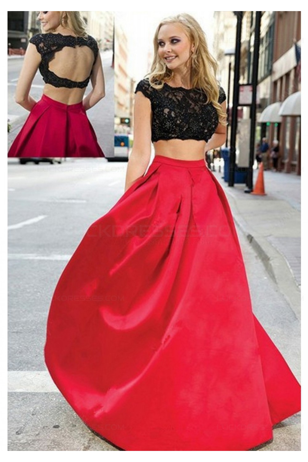 Two Pieces Black Lace Red Prom Dresses Party Evening Gowns 3020305