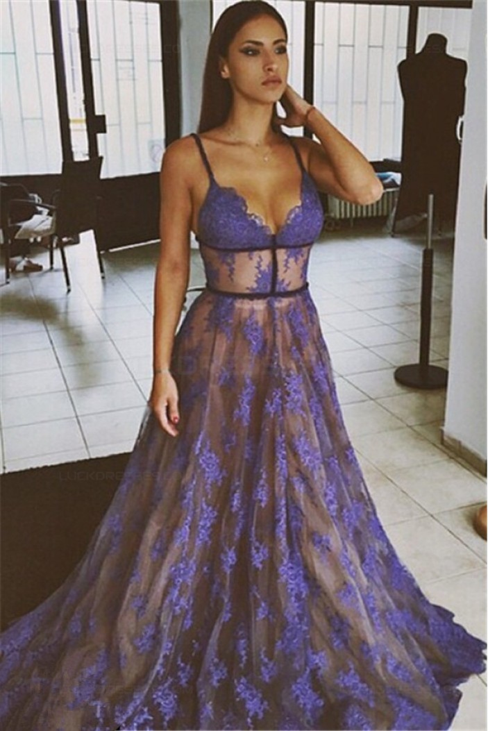 Sexy Spaghetti Straps Lace Long Blue Prom Dresses Party Evening Gowns 3020307