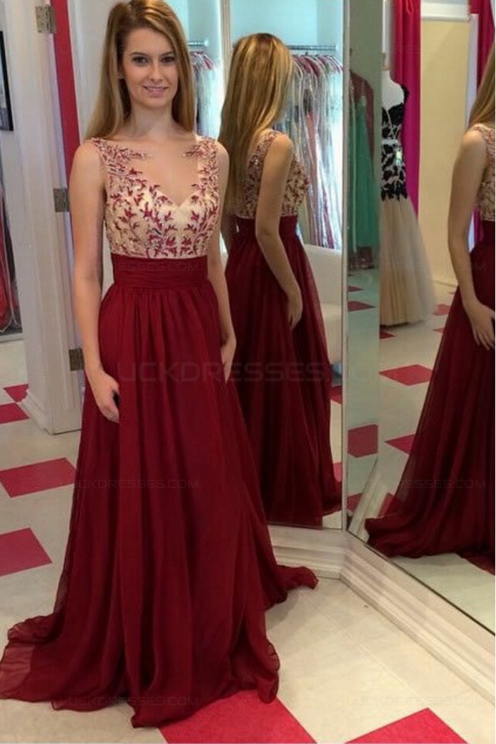 A-Line Illusion Neckline Burgundy Lace and Chiffon Prom Dresses Party Evening Gowns 3020308