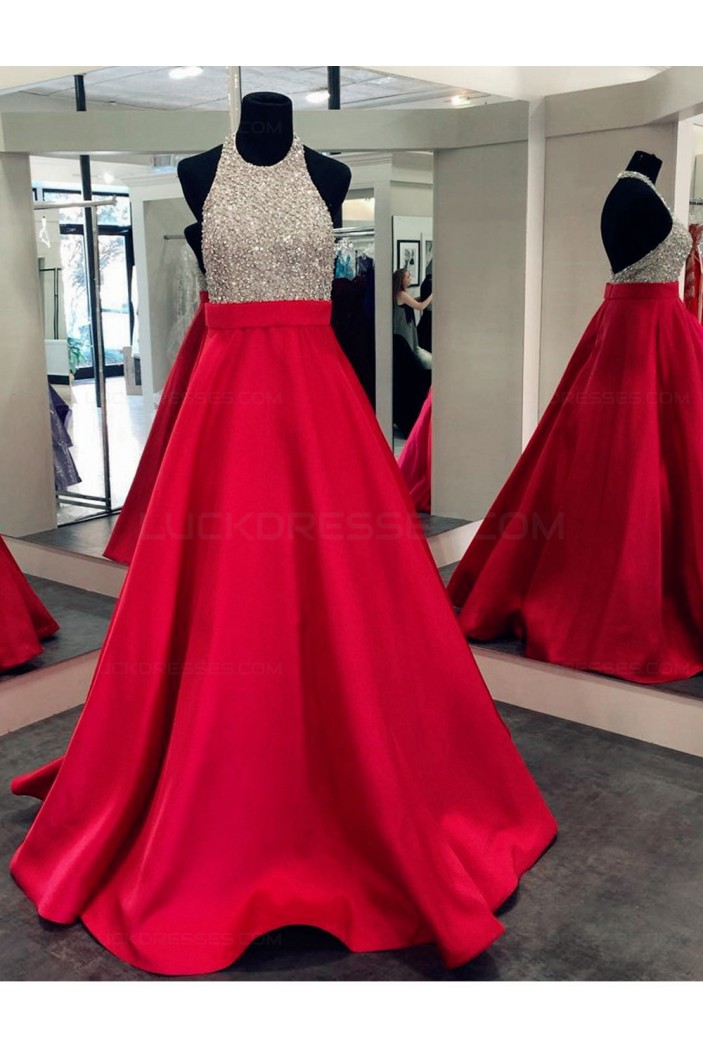A-Line Halter Sequins and Satin Long Red Prom Dresses Party Evening Gowns 3020309