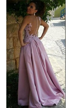 A-Line Illusion Neckline Lace and Satin Long Prom Dresses Party Evening Gowns 3020310