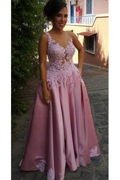 A-Line Illusion Neckline Lace and Satin Long Prom Dresses Party Evening Gowns 3020310