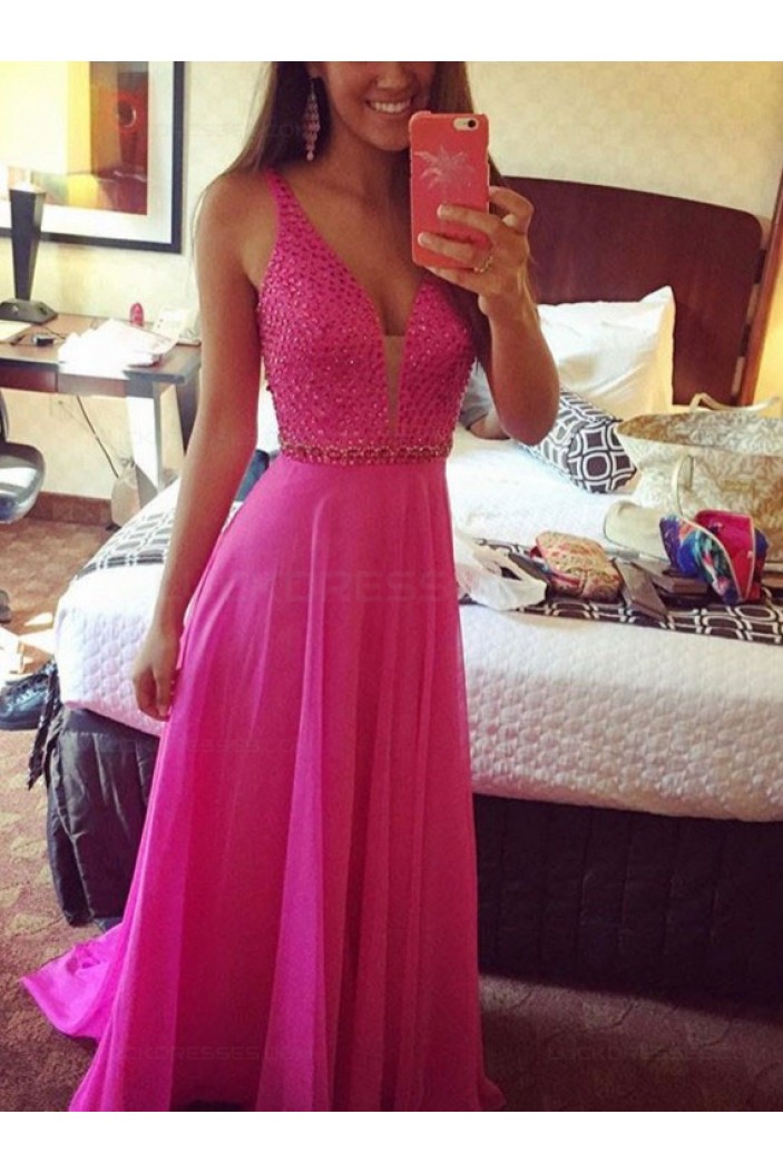 A-Line V-Neck Beaded Long Chiffon Prom Dresses Party Evening Gowns 3020313