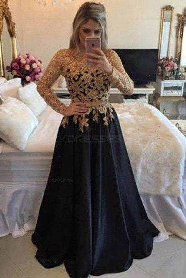 A-Line Gold Lace Appliques Long Sleeves Prom Dresses Party Evening Gowns 3020314